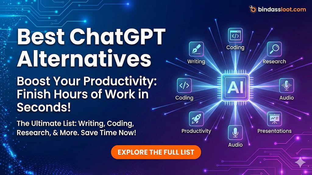 A digital illustration showing various AI tools as symbols around a central AI brain, highlighting the best ChatGPT alternatives for different tasks.