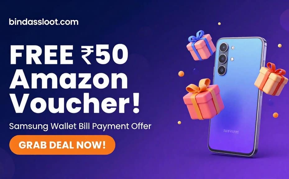 Samsung Wallet Offer banner showing free Amazon gift vouchers for bill payments.