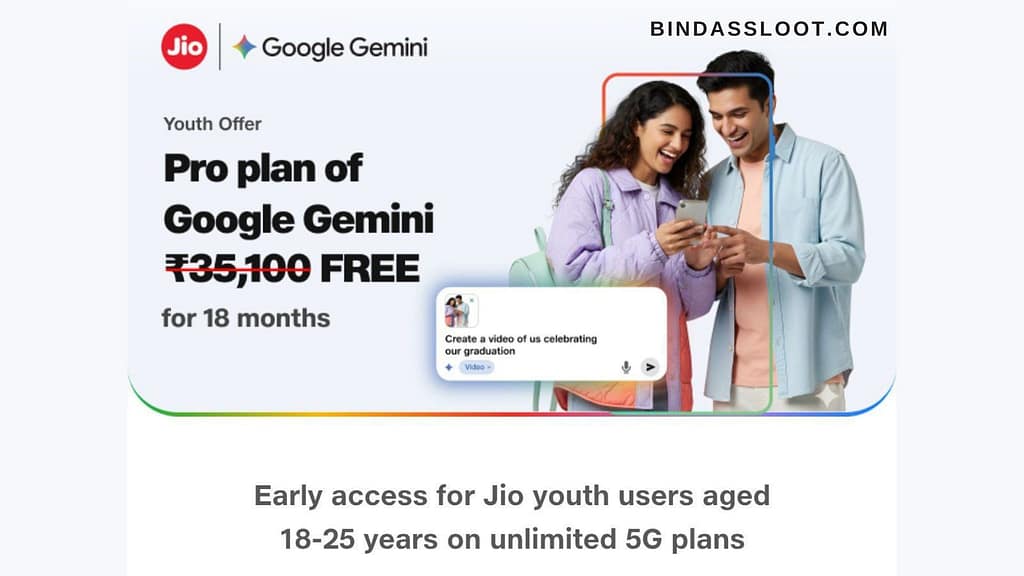 A student using a laptop with the Jio and Google Gemini Pro logos, illustrating the free 18 months offer.