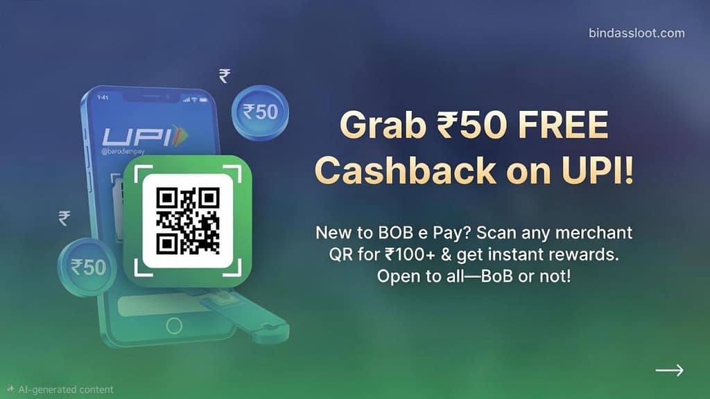 BOB e Pay UPI Offer details showing how to get ₹50 cashback on a merchant transaction.