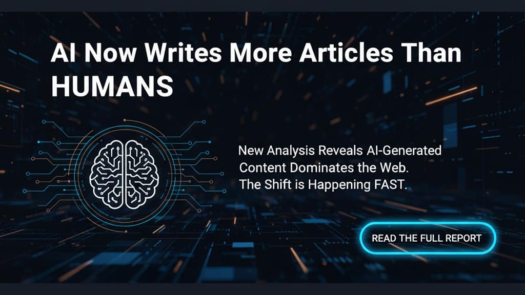 A robot and a human typing on laptops, illustrating the finding that AI now writes more articles than humans.