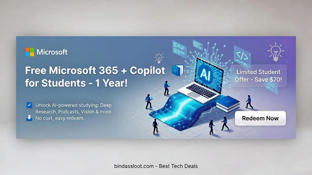 A student using a laptop to claim their free Microsoft 365 Personal 1-year subscription offer from bindassloot.com.