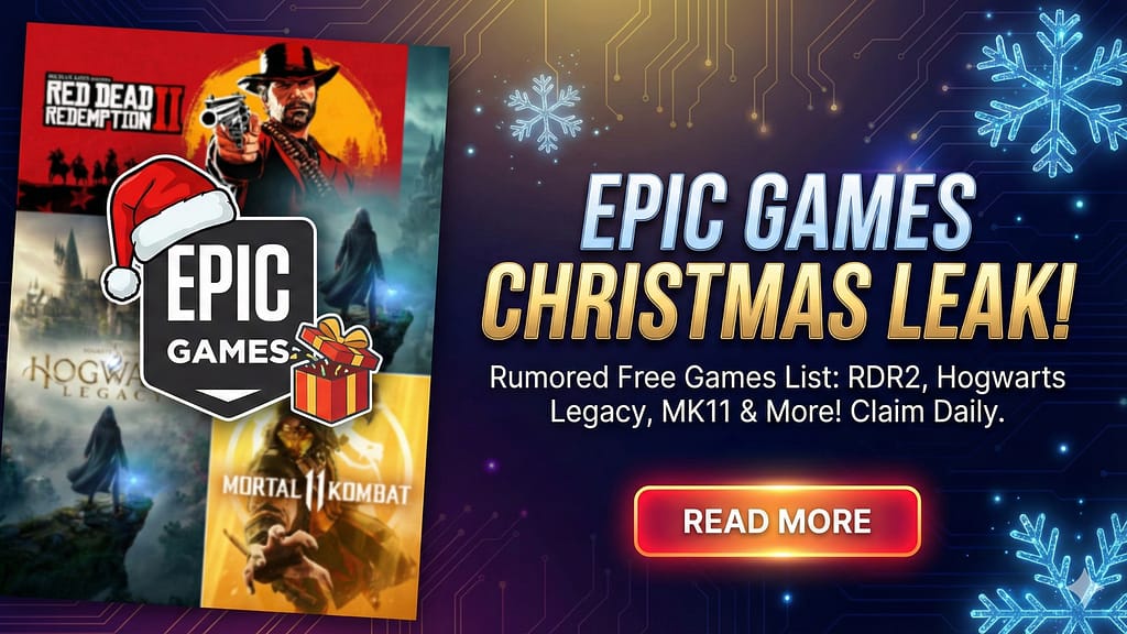 A vibrant graphic showcasing the Epic Games Store logo amidst snow and gift boxes, highlighting the much-anticipated Epic Games Christmas Free Games List 2025.