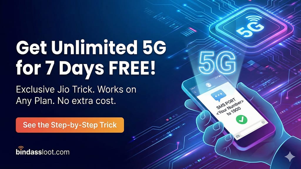 A smartphone screen showing the Jio logo with 5G signal bars, highlighting the Jio Unlimited 5G Trick for free data.
