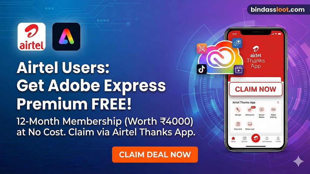 Airtel Thanks App offering Adobe Express Premium free for users, promoting Airtel Adobe Express Free deal.