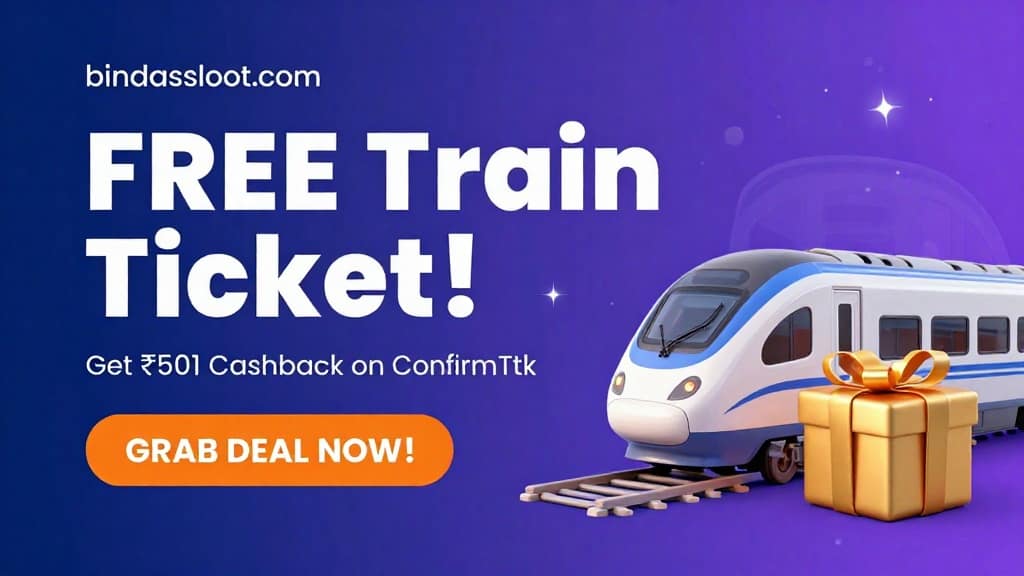 A promotional banner for the ConfirmTkt Free Train Ticket cashback offer.