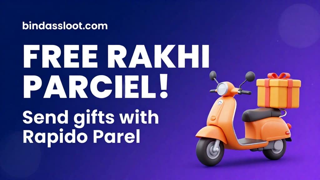 Rapido Parcel Offer banner showing a free gift delivery for Raksha Bandhan.