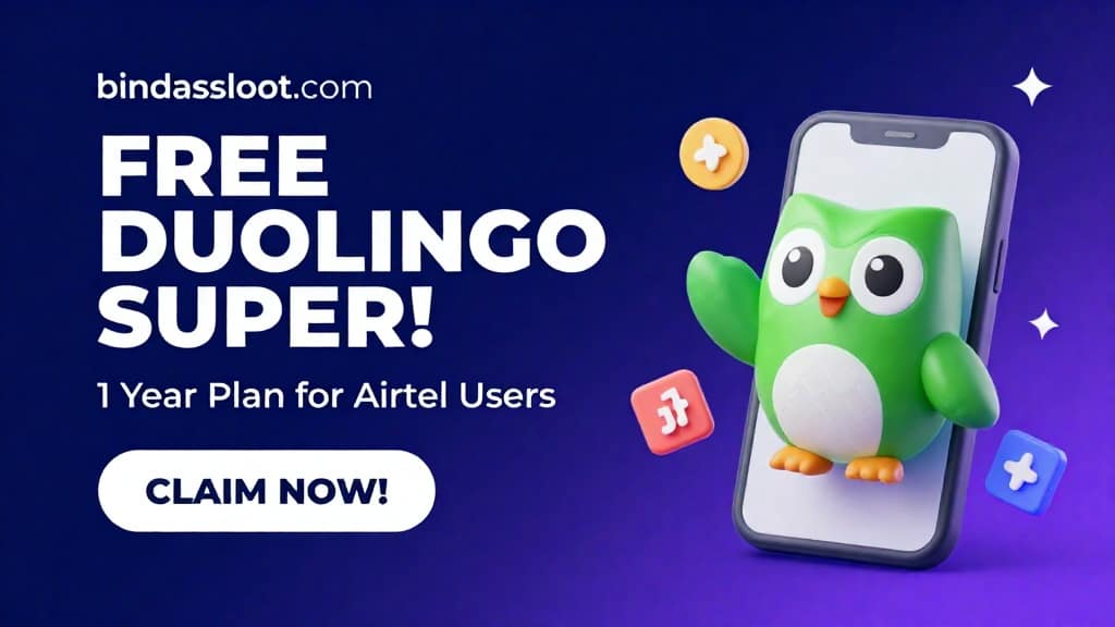 A promotional banner showing the Free Duolingo Super Airtel offer for one year subscription.