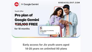 A student using a laptop with the Jio and Google Gemini Pro logos, illustrating the free 18 months offer.