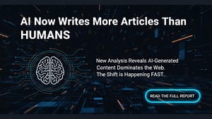 A robot and a human typing on laptops, illustrating the finding that AI now writes more articles than humans.