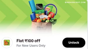 A promotional graphic showing the BigBasket Flat ₹100 Off Coupon deal for all users.