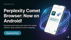 A smartphone showcasing the Perplexity Comet Browser Android app interface with its AI search features.