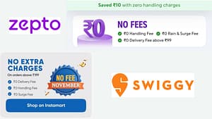Promotional banner for the Swiggy No Fee November offer showing free delivery.