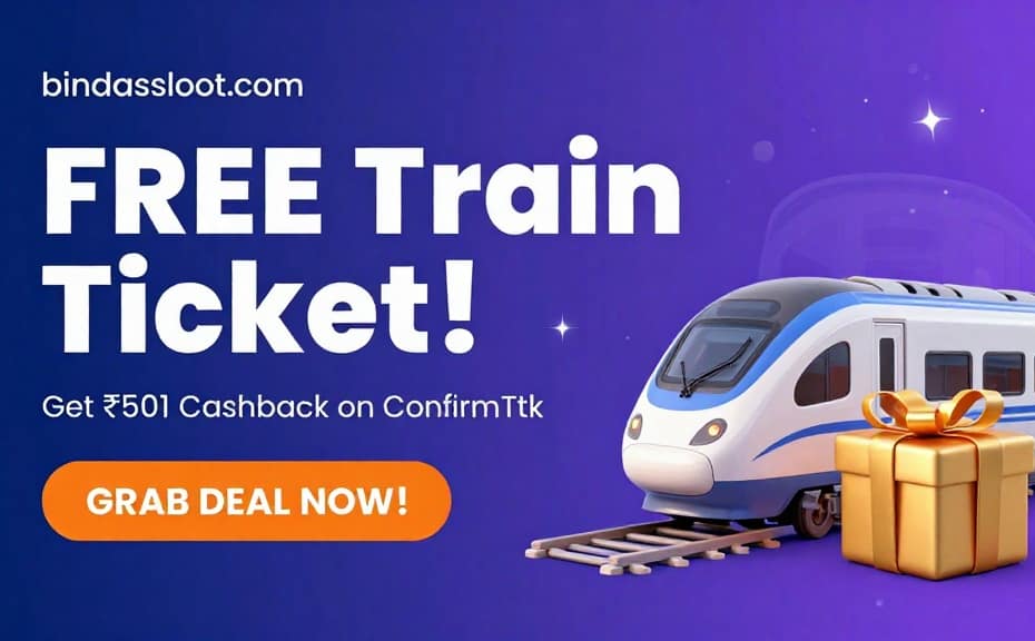 A promotional banner for the ConfirmTkt Free Train Ticket cashback offer.