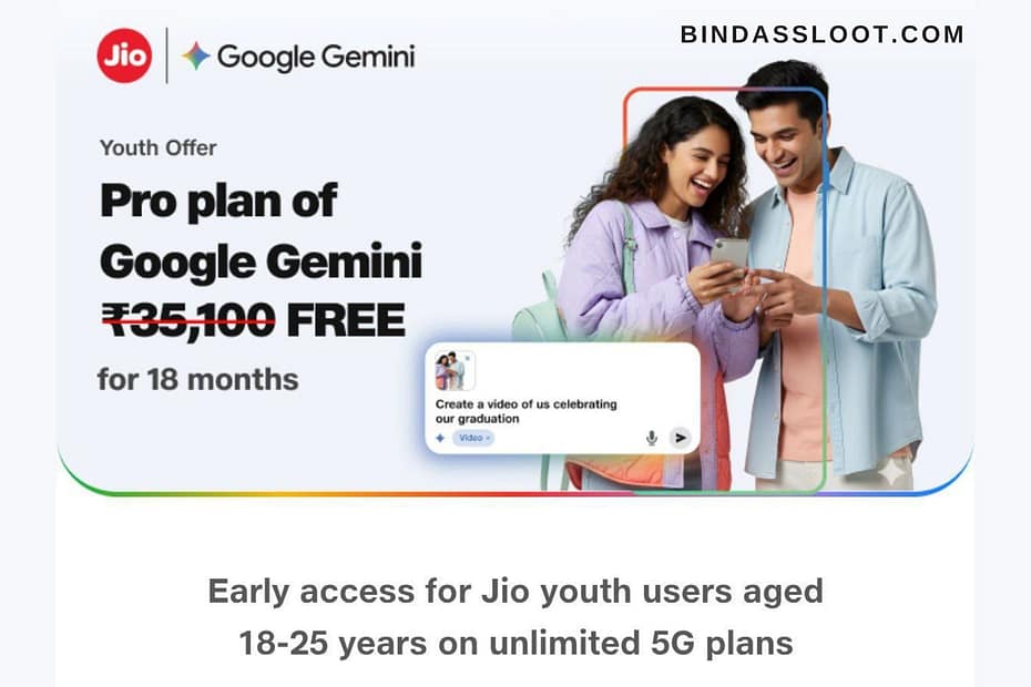 A student using a laptop with the Jio and Google Gemini Pro logos, illustrating the free 18 months offer.