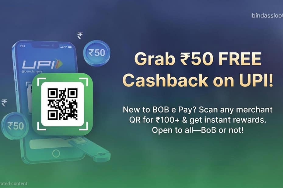 BOB e Pay UPI Offer details showing how to get ₹50 cashback on a merchant transaction.