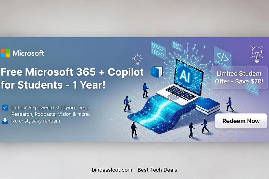 A student using a laptop to claim their free Microsoft 365 Personal 1-year subscription offer from bindassloot.com.