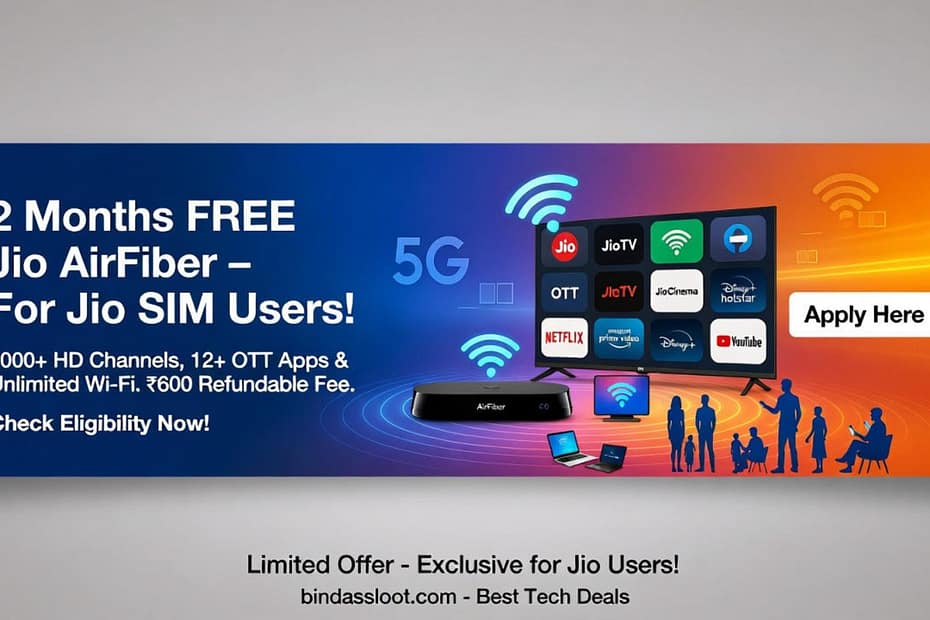 A family enjoying the benefits of the Jio AirFiber 2 Months FREE offer on their devices at home.