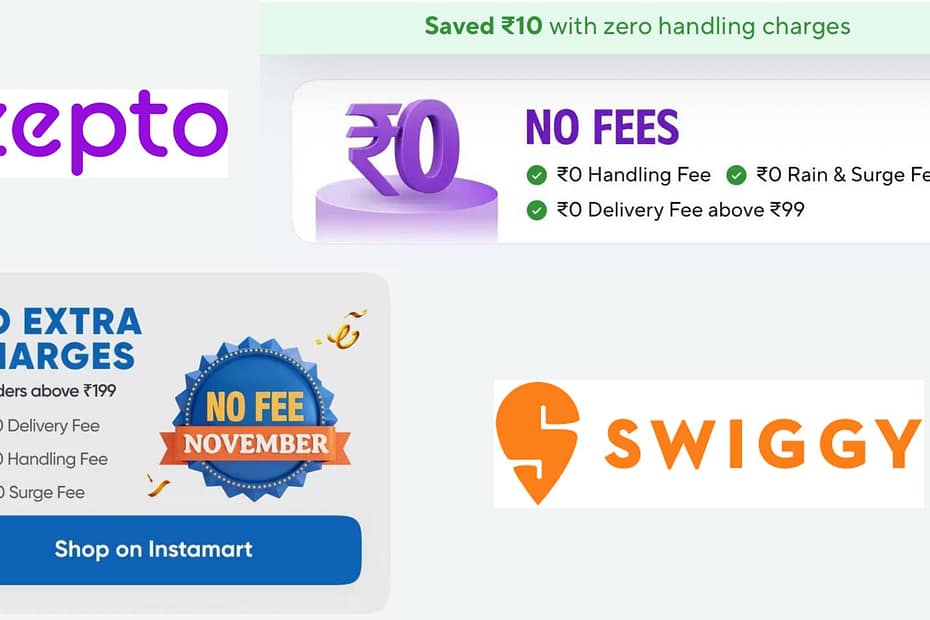 Promotional banner for the Swiggy No Fee November offer showing free delivery.