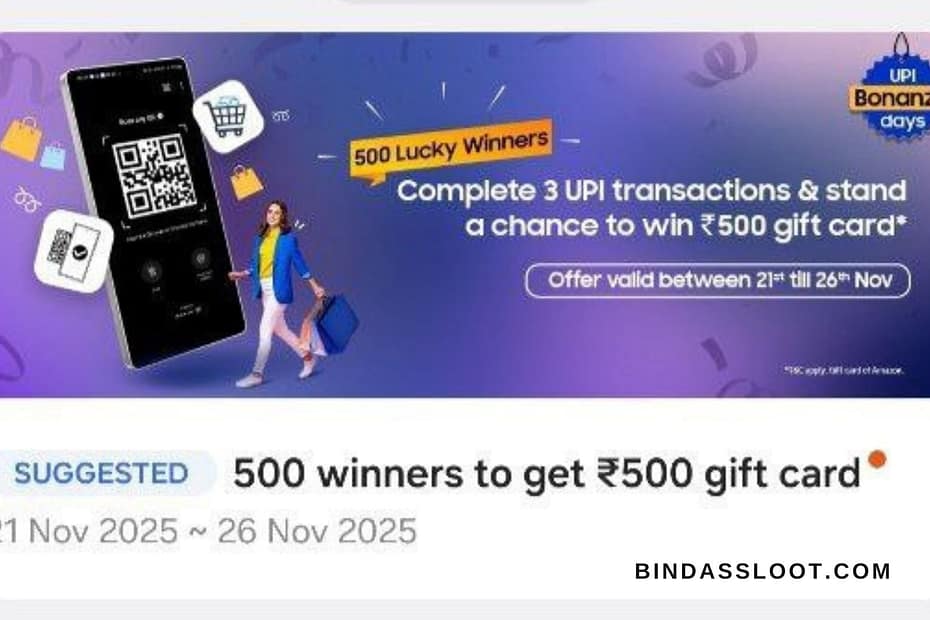Samsung Wallet UPI offer promotion banner showing a chance to win a Rs. 500 Amazon voucher.