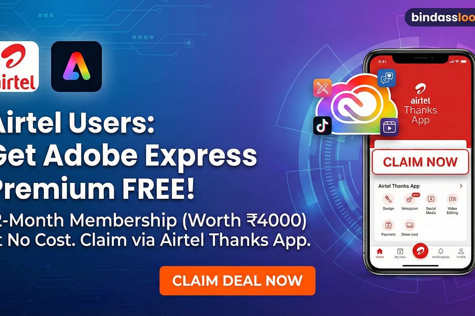 Airtel Thanks App offering Adobe Express Premium free for users, promoting Airtel Adobe Express Free deal.