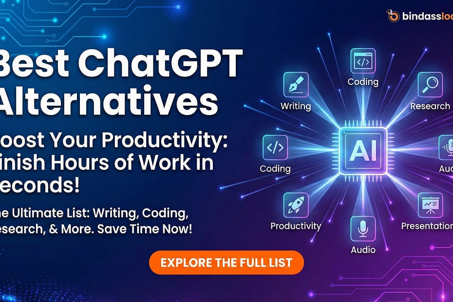A digital illustration showing various AI tools as symbols around a central AI brain, highlighting the best ChatGPT alternatives for different tasks.