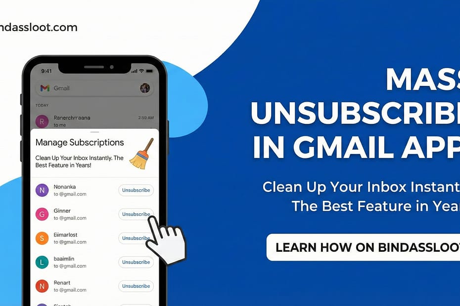 Screenshot of the Gmail app's new Gmail Mass Unsubscribe feature, showing the 'Manage Subscriptions' section with unsubscribe icons next to sender names.