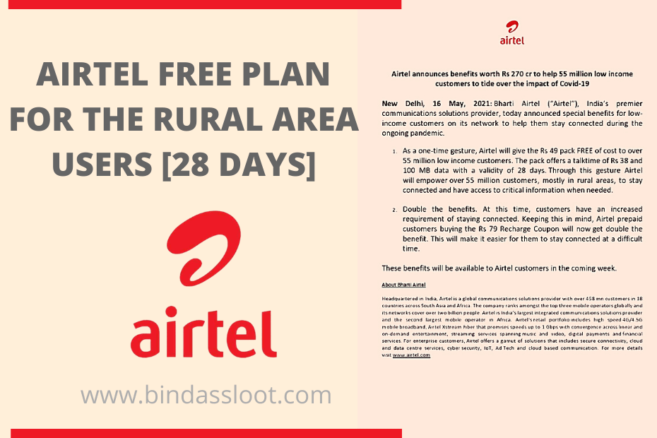 AIRTEL FREE PLAN FOR THE RURAL AREA USERS [28 DAYS]